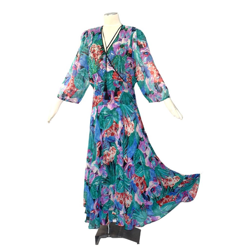 VTG Diane Freis Silk Floral Print Dress Beaded